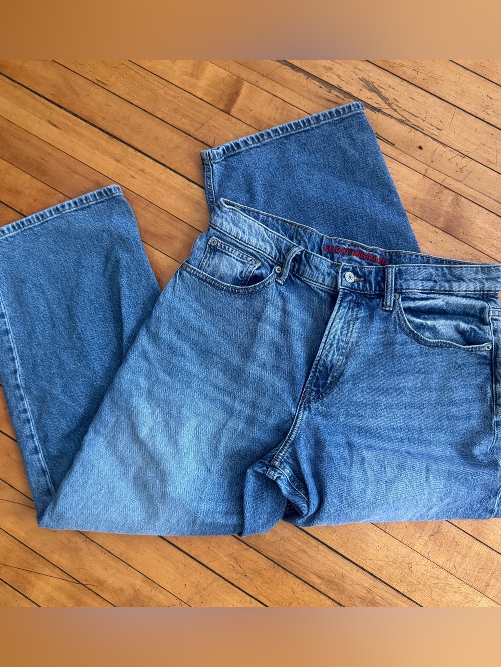 Lucky Brand wide leg baggy Y2K stitching blue jean denim pants size 10 30” - Picture 2 of 7